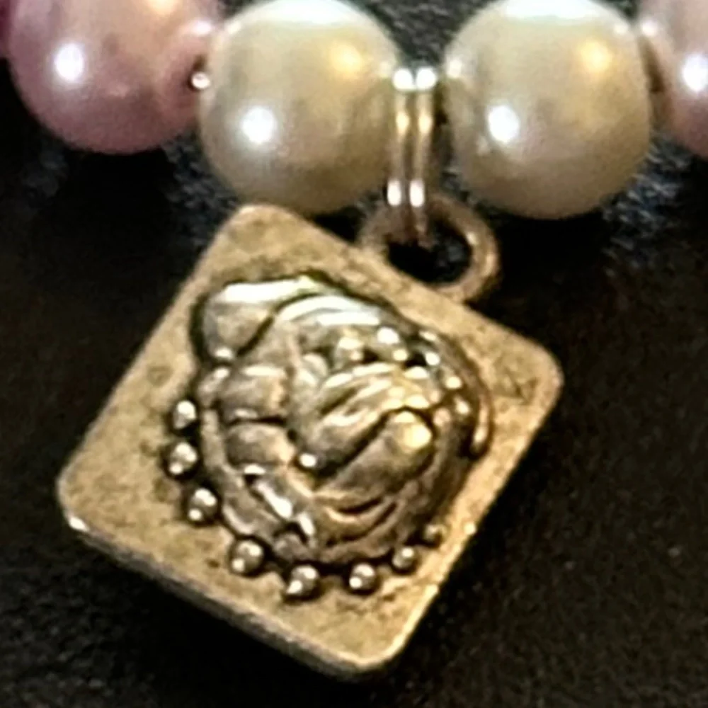 Wine glass tag stainless steel hoop pink/white/metal beads, dog charm
